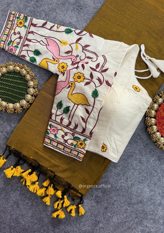 Mustered Yellow Handloom Cotton Saree With Tassels