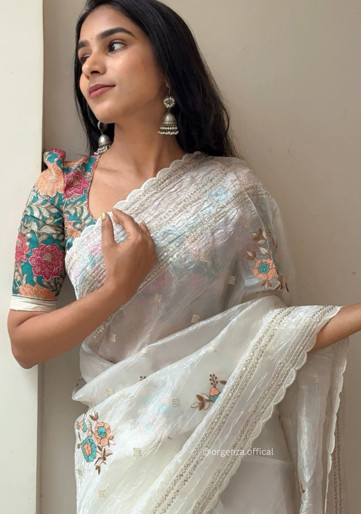 White Colour Crush Organza Saree