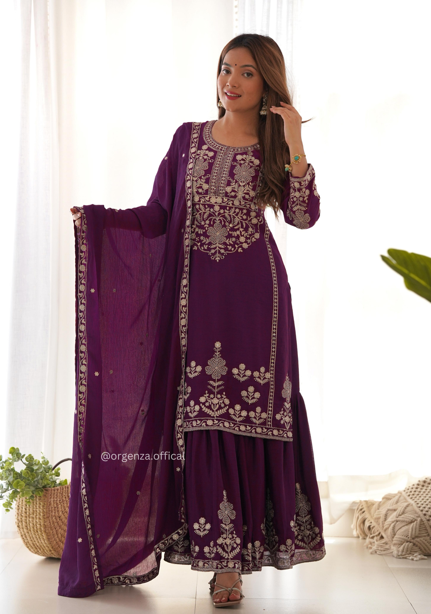 Pure Chinon Silk Embroidered Kediya Kurta Sharara Set with Dupatta