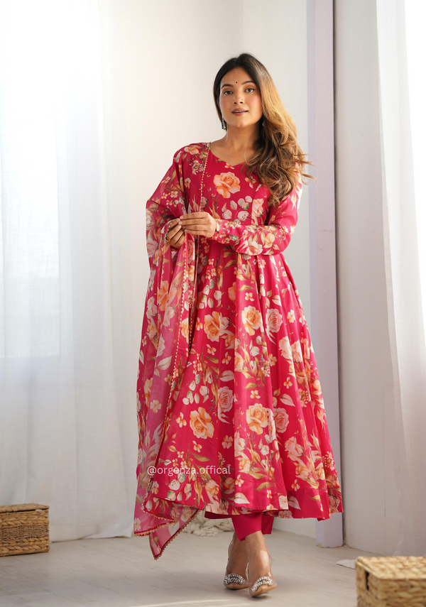 Pure Organza Pink Colour Silk Print Kurti