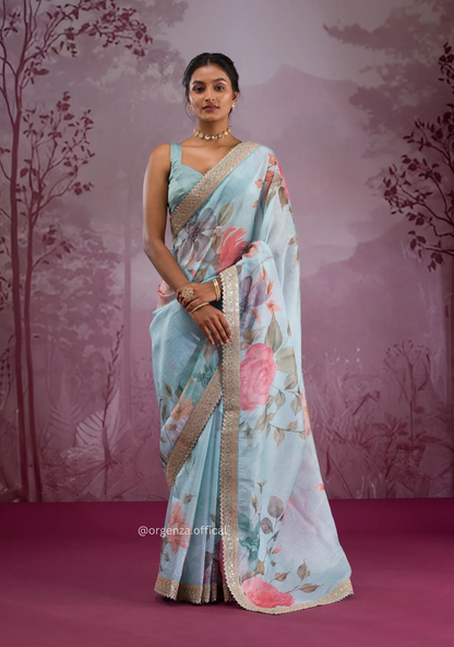 Sky Colour Chinnon Silk Saree