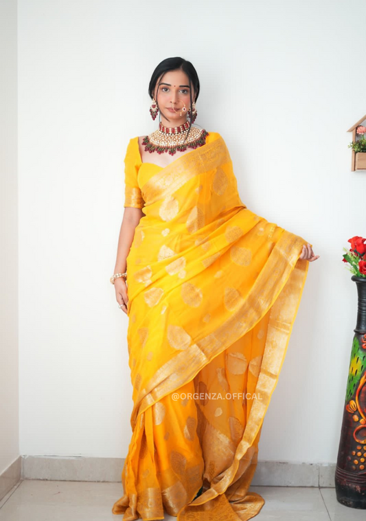 Linen Golden Zari Work Ready To Wear Saree