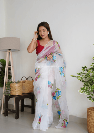 White Hand Print Organza Saree - Orgenza Store - digisoch