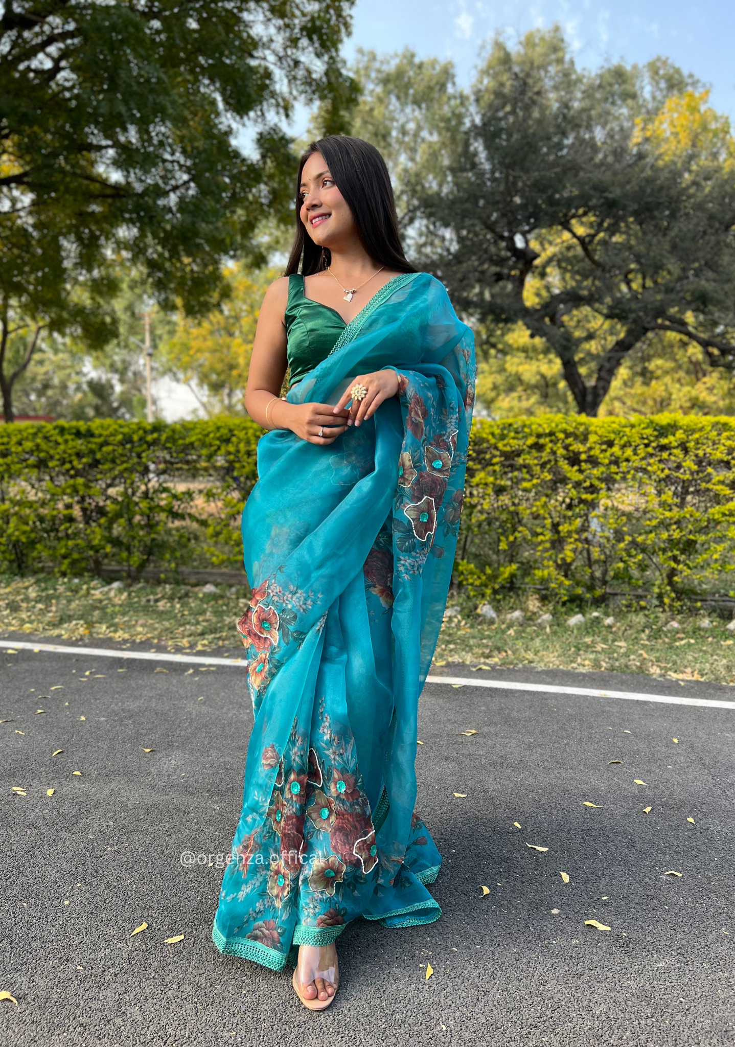 Sea Blue Colour Organza Saree With Handwork