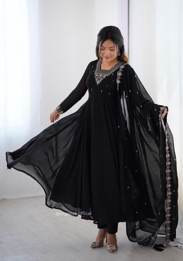 Black Colour Georgette Anarkali With Dupatta And Pant
