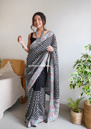 Black Pure Georgette Silk Saree With Embroidery Work - Orgenza Store