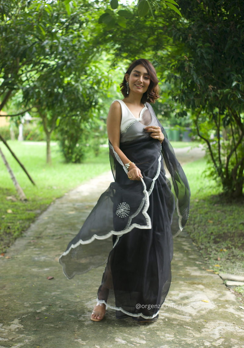 Black Colour Organza Saree With Hand Work