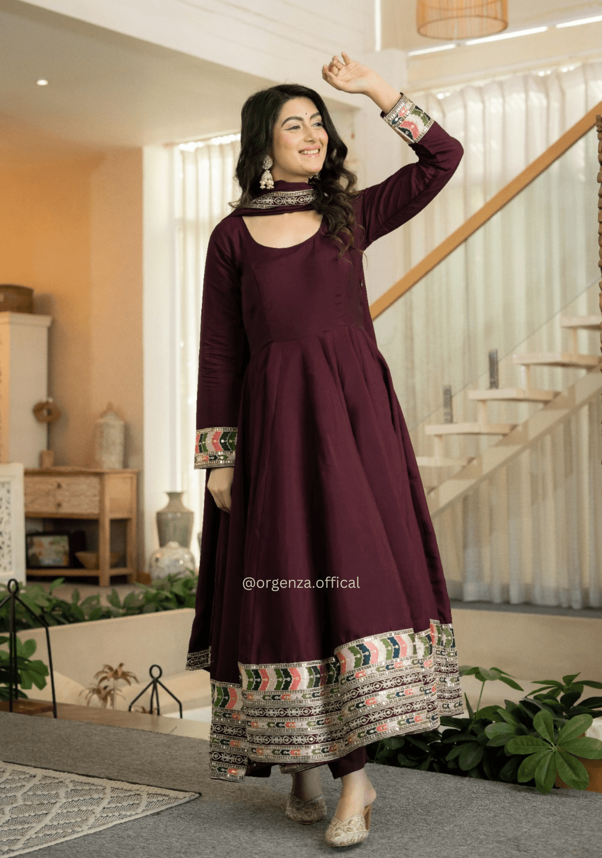 Wine Designer Roman Silk Anarkali Suit Set