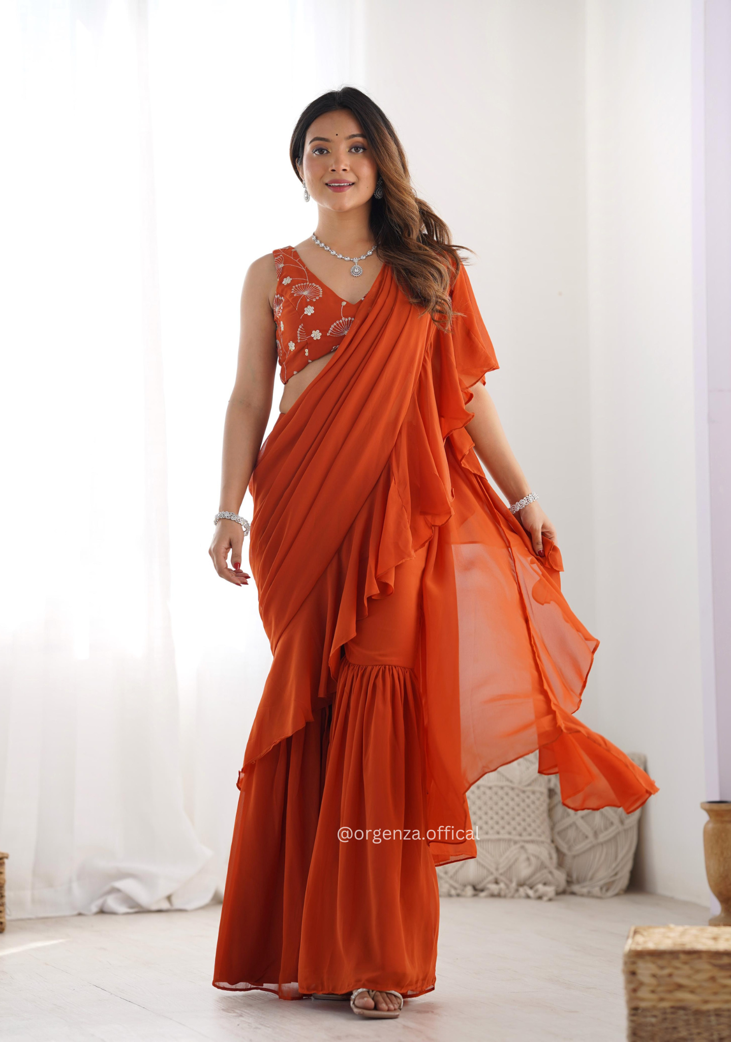 Ready To Wear Rust Colour Sharara Saree - Orgenza Store
