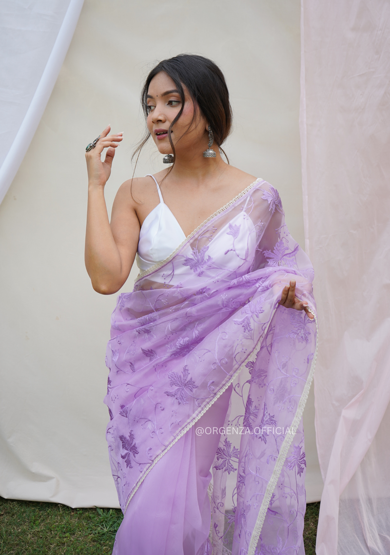 Lavender Colour Organza Saree With Floral Embroidery Work
