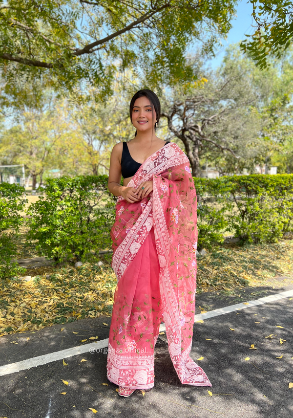 Peach Color Embroidery Work Pure Organza Silk Saree