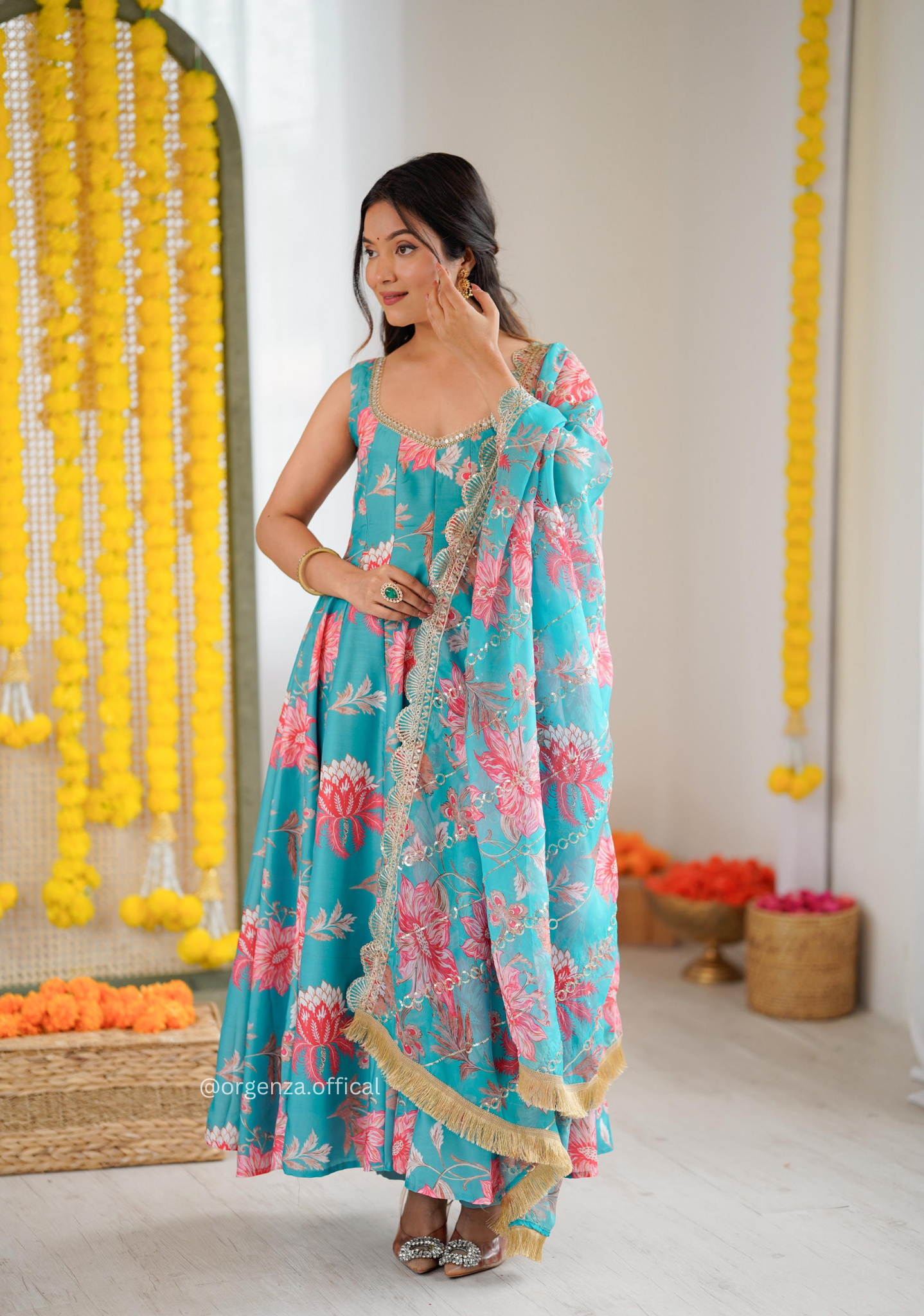 Rama Blue Colour Muslin Floral Print Anarkali Kurtis
