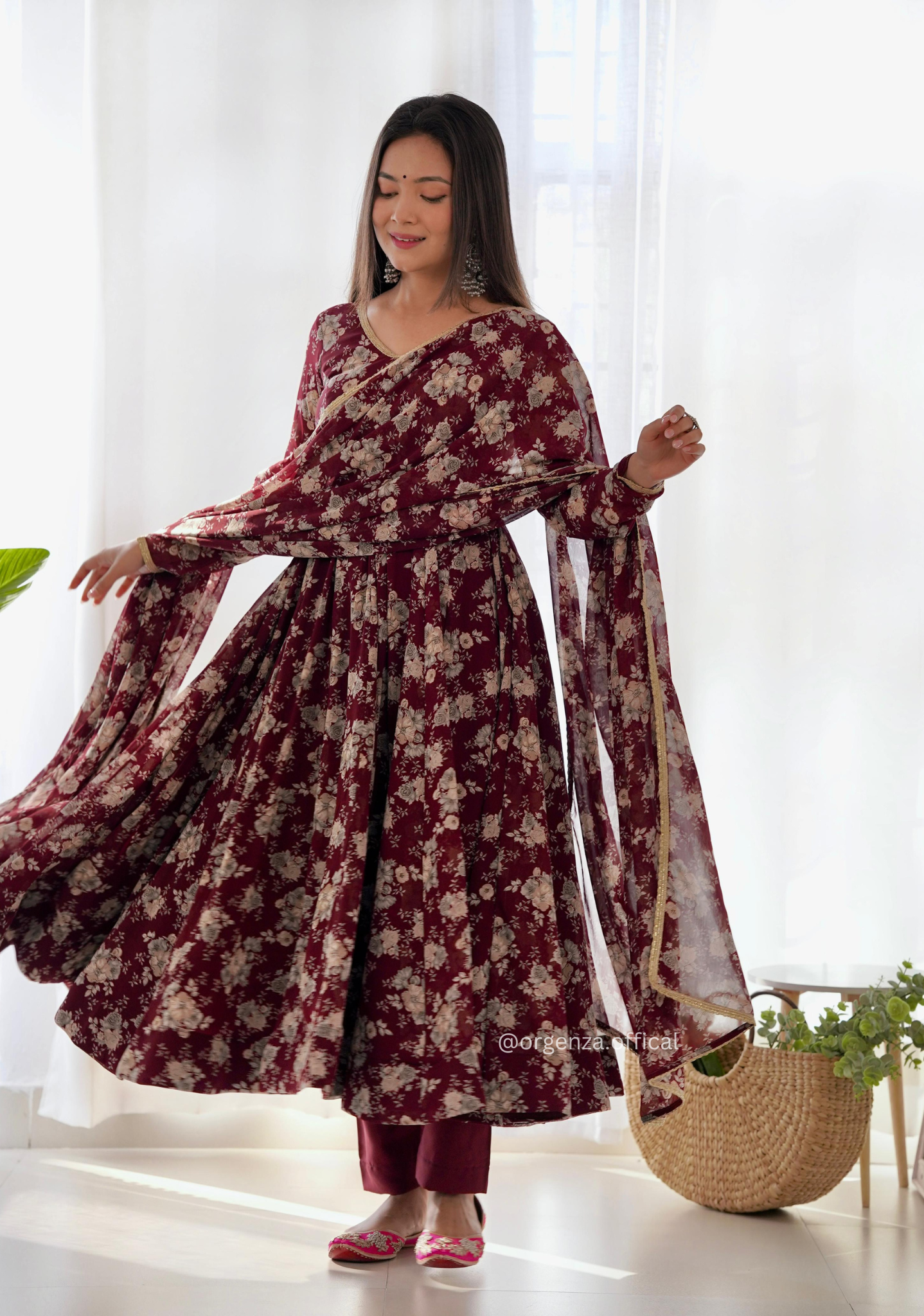 Dark Marron Floral Georgette With Dupatta Set - Orgenza Store