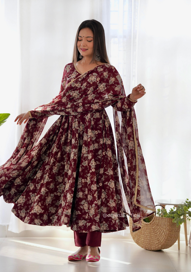 Dark Marron Floral Organza With Dupatta Set