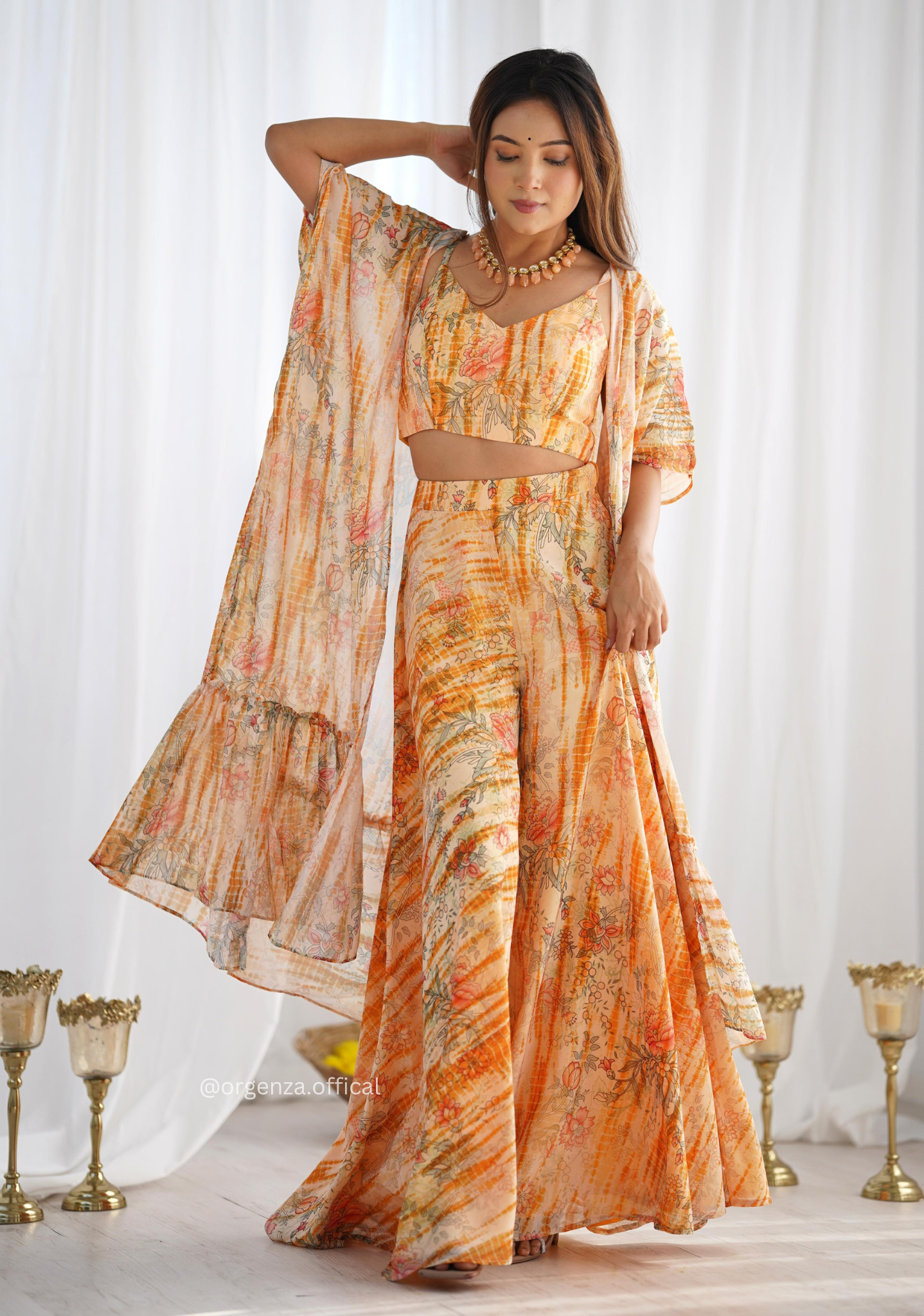 Floral Fox Georgette Indo-Western Shrug Set with Crop Top & Palazzo (3 PCS)