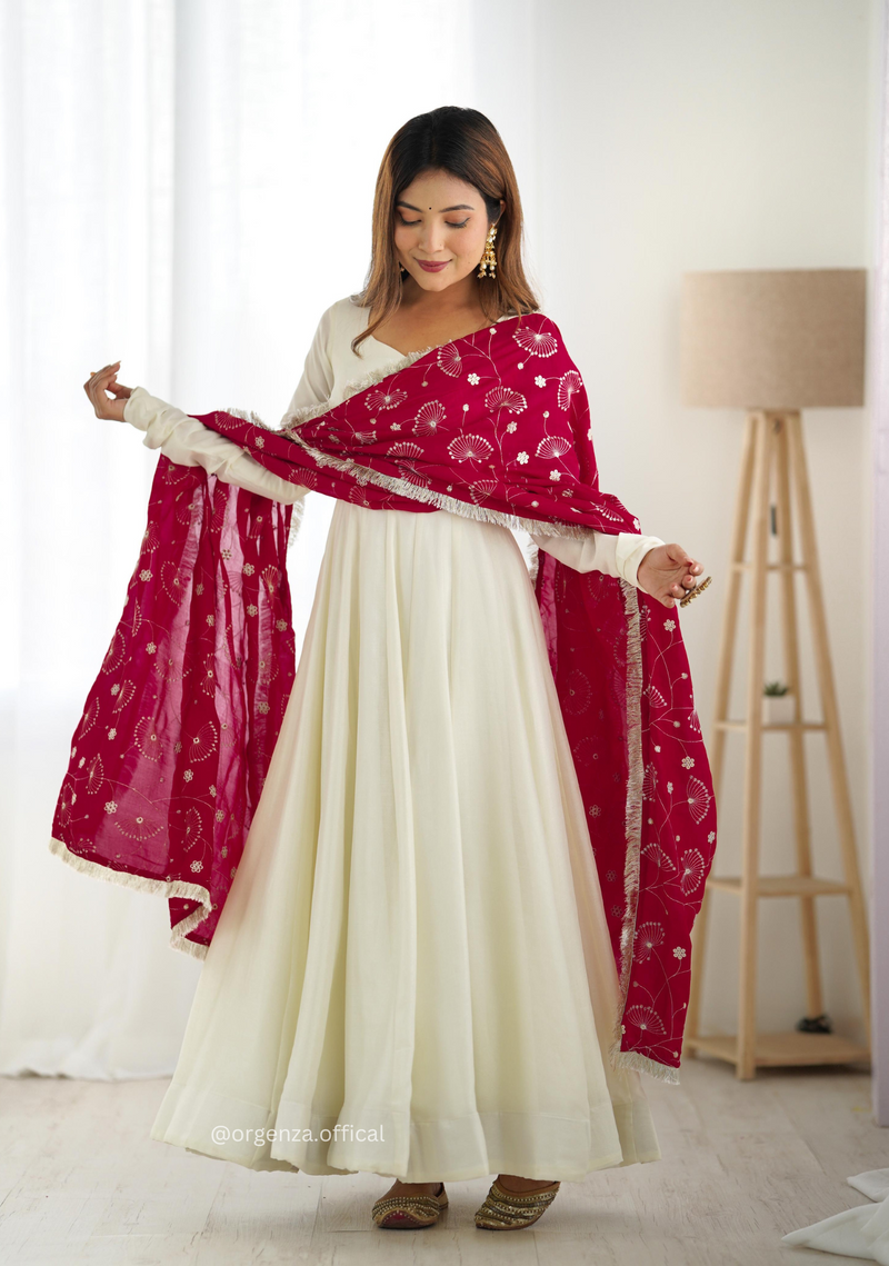 Off White Colour Vichitra Silk Anarkali Kurti