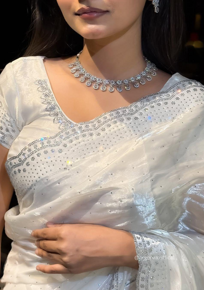 White Colour Burburry Saree With Crystel Diamond Work - Orgenza Store