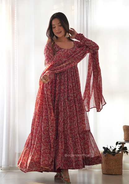 Pure Soft Fox Georgette Kalamkari Print Ruffle Anarkali - Orgenza Store