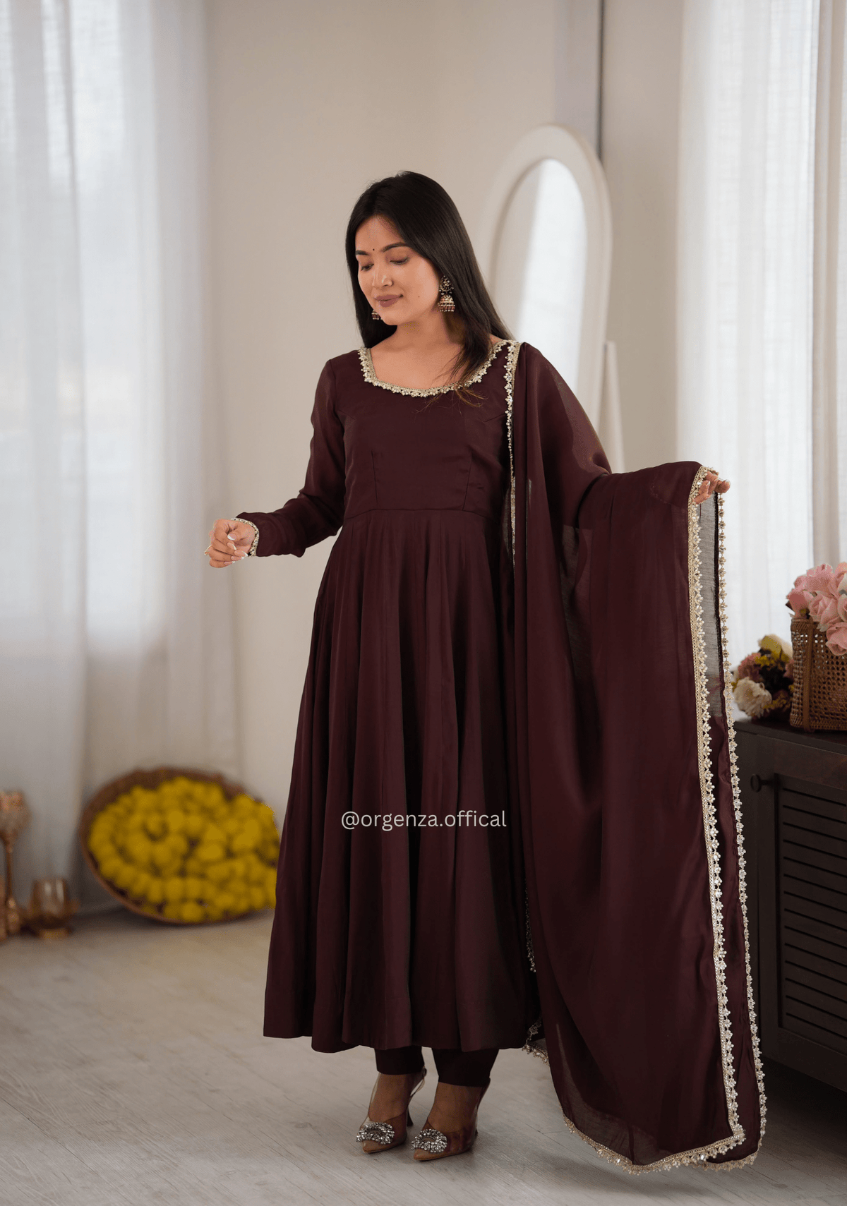 Dark Maroon Pure Mal Chanderi Mirror Work Anarkali Set