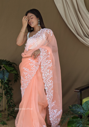 Organza Light Peach Color Pure Organza Silk And Flower Embroidery Work - Orgenza Store