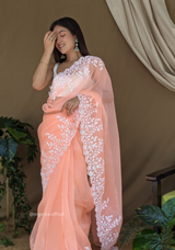 Organza Light Peach Color Pure Organza Silk And Flower Embroidery Work