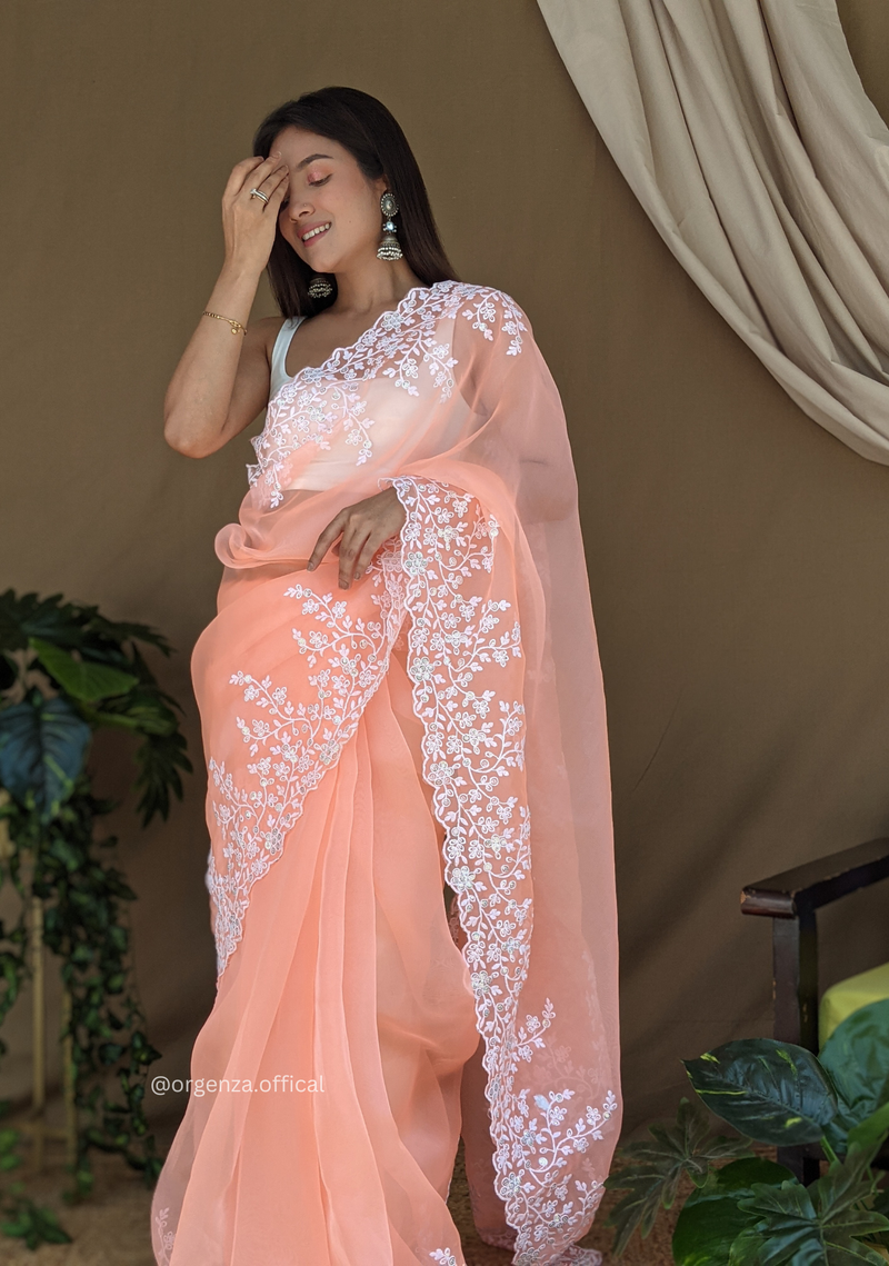 Organza Light Peach Color Pure Organza Silk And Flower Embroidery Work