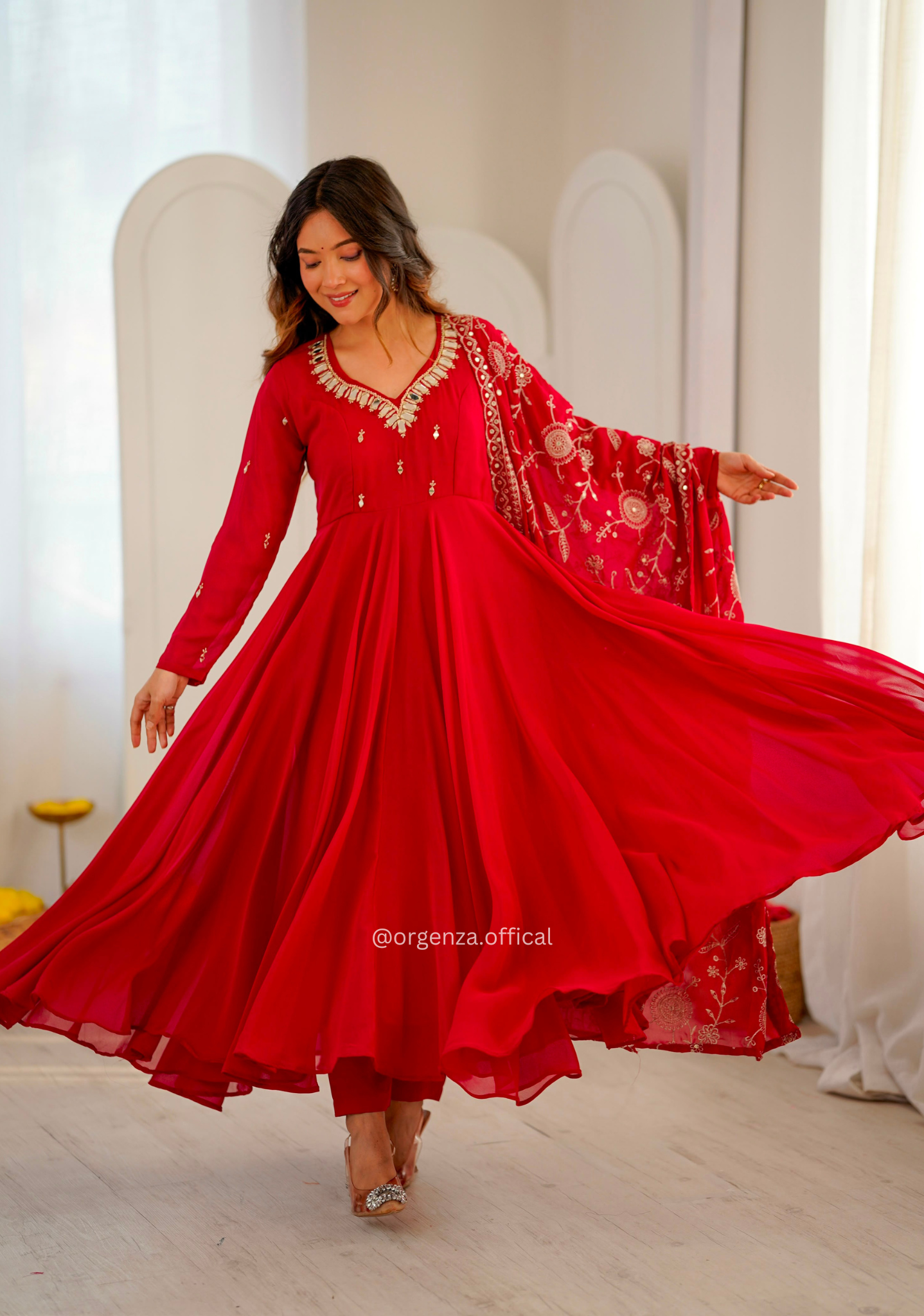 Red Real Mirror Khatli Work Anarkali Suit Set