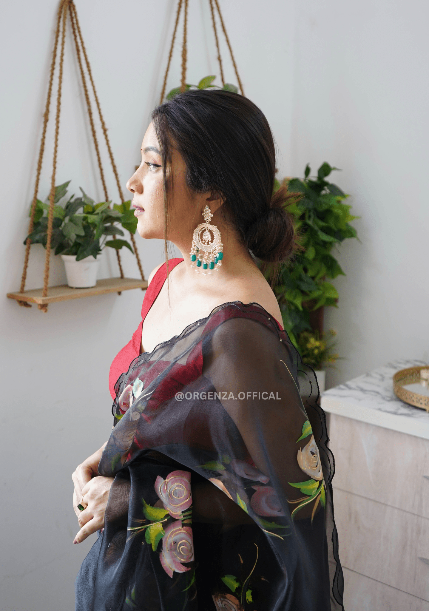 Black Hand Print Organza Saree With Blouse - Orgenza Store - digisoch