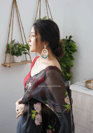Black Hand Print Organza Saree With Blouse - Orgenza Store - digisoch