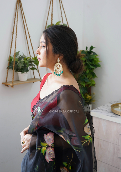Black Hand Print Organza Saree With Blouse - Orgenza Store