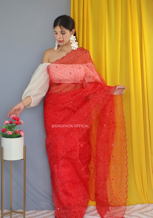 Pure Organza Saree With Bandhani Print - Orgenza Store