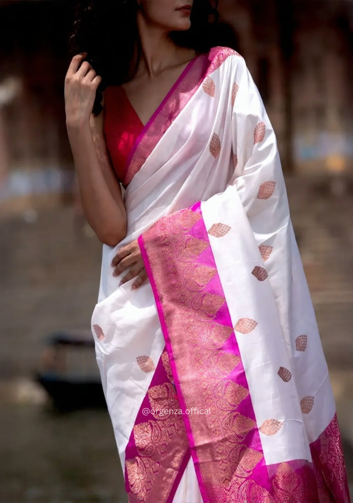 White and Pink Banarasi Saree with Golden Zari Weaving