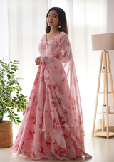Baby Pink Floral Anarkali Kurtis With Dupatta Set