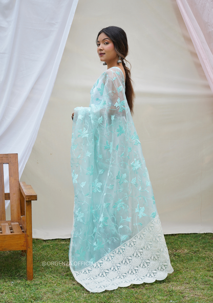 Light Teal Organza Saree With Embroidery Work