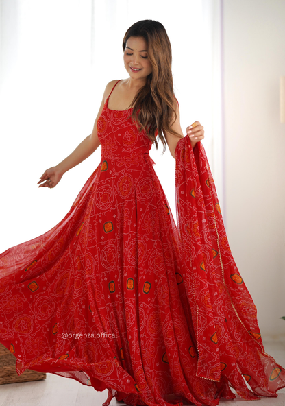 Soft Chiffon Bandhej 8-Meter Flare Gown Set – Fully Stitched