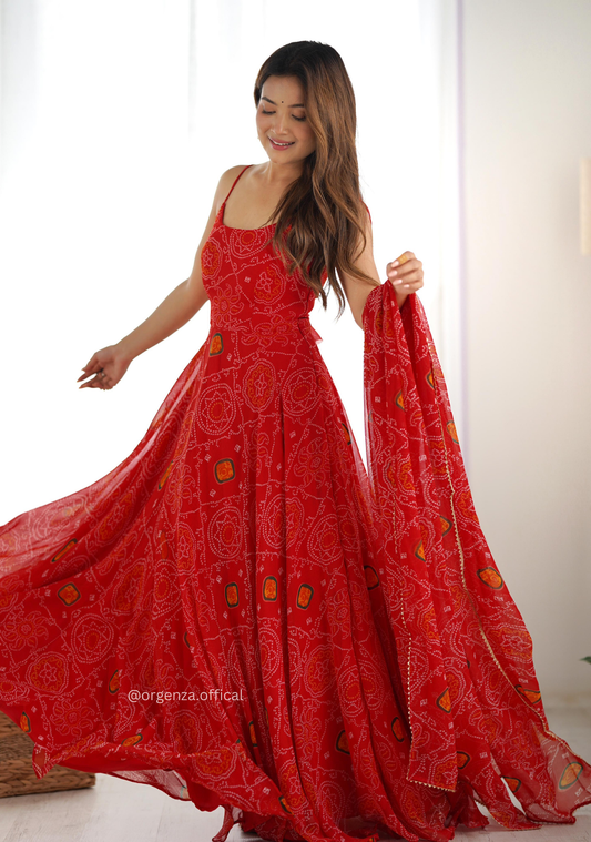 Soft Chiffon Bandhej 8-Meter Flare Gown Set – Fully Stitched