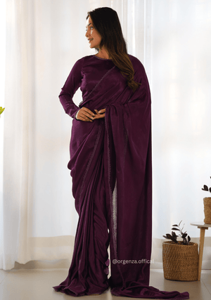 Ready To Wear Wine Colour Marble Velvet Saree - Orgenza Store - digisoch