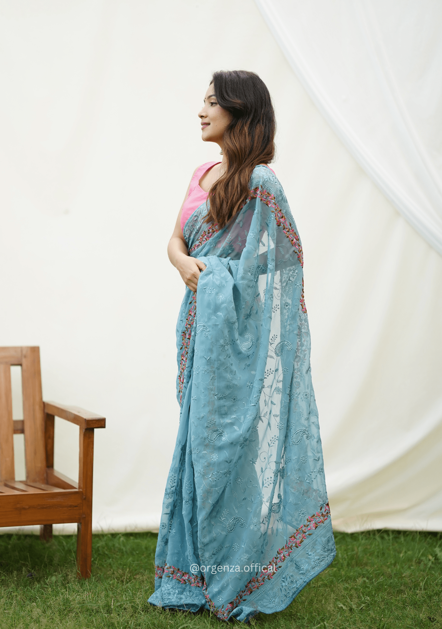 Sky Color Embroidery Work Heavy Georgette Silk Saree With Running Blouse - Orgenza Store - digisoch