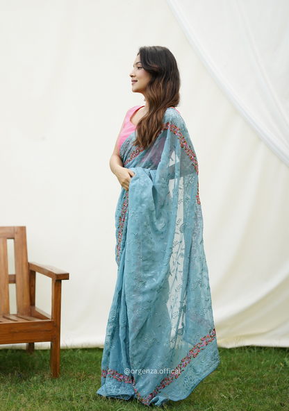 Sky Color Embroidery Work Heavy Georgette Silk Saree With Running Blouse - Orgenza Store