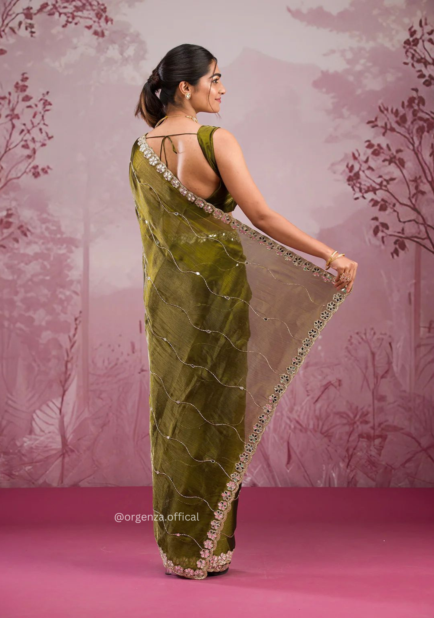 Mehndi Green Colour Jimmy Choo Saree With Mirror Work - Orgenza Store