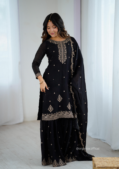 Black Colour Crunchy Silk Fabric Kediya Kurta With Dupatta Set