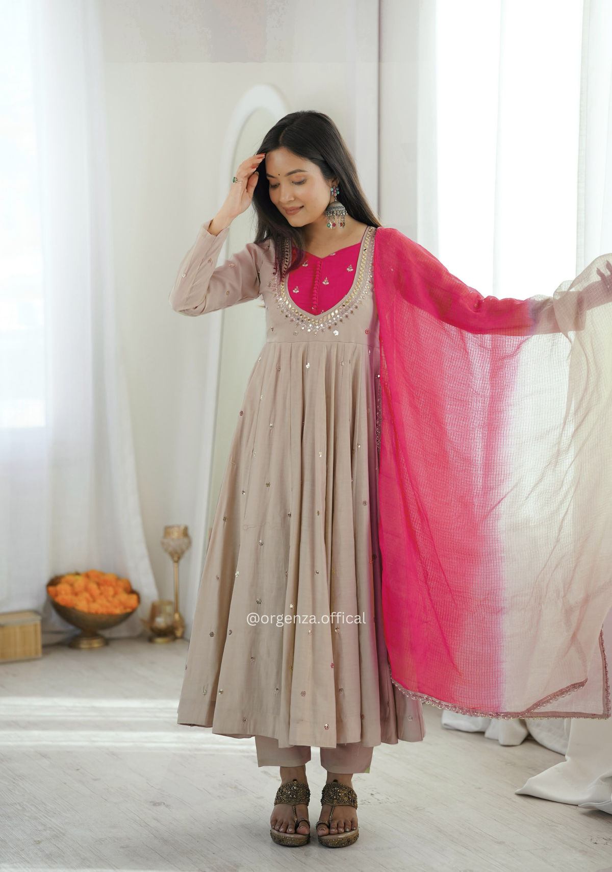 Beige Pink Roman Silk Mirror Work Anarkali Suit Set