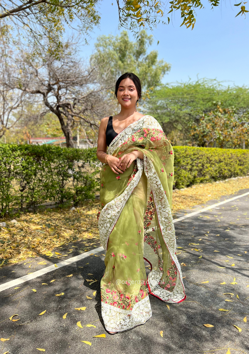 Green Organza Saree With Chikankari Work