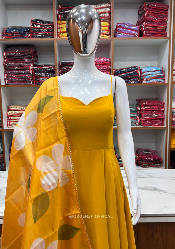 Mustard Yellow Georgette Silk Flair Kurtis With Dupatta Set