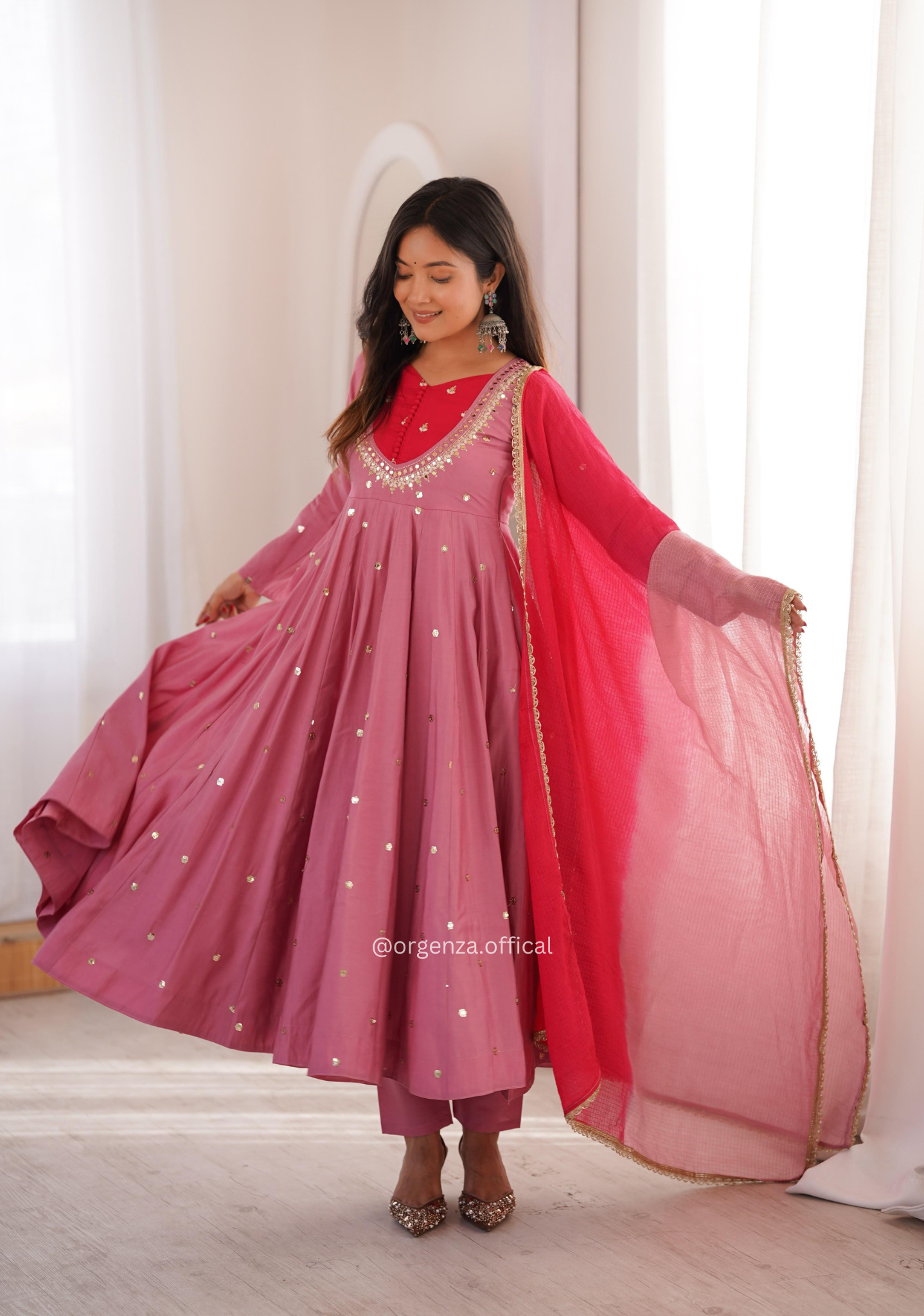 Roman Silk Mirror Work Anarkali Suit Set