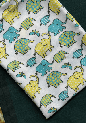 Rama Green Colour Cotton Saree With Little Elephant Print Blouse - Orgenza Store - digisoch