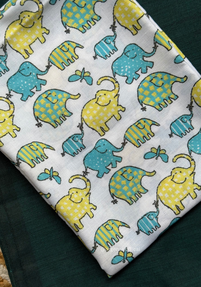 Rama Green Colour Cotton Saree With Little Elephant Print Blouse