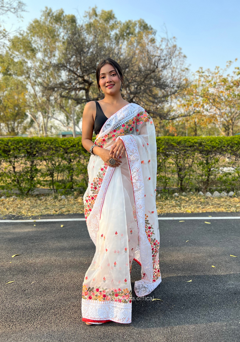 White Organza Saree With Chikankari Work