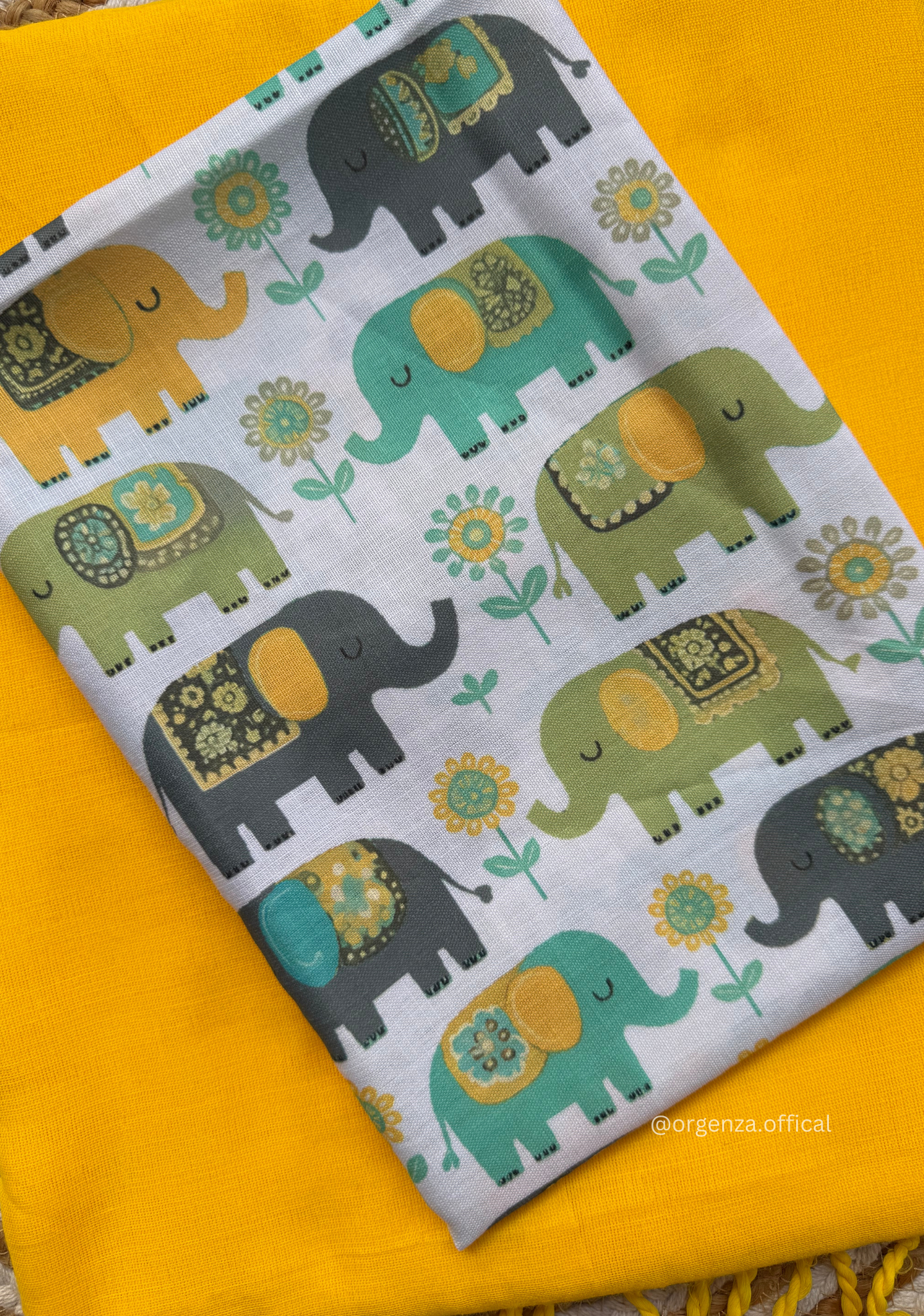 Yellow Colour Cotton Saree With Baby Elephant Print Blouse