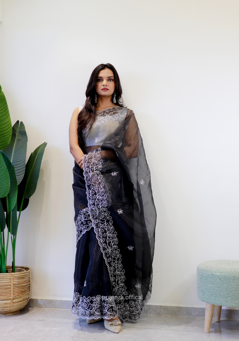 Black Colour Embroidery Thread Work Saree